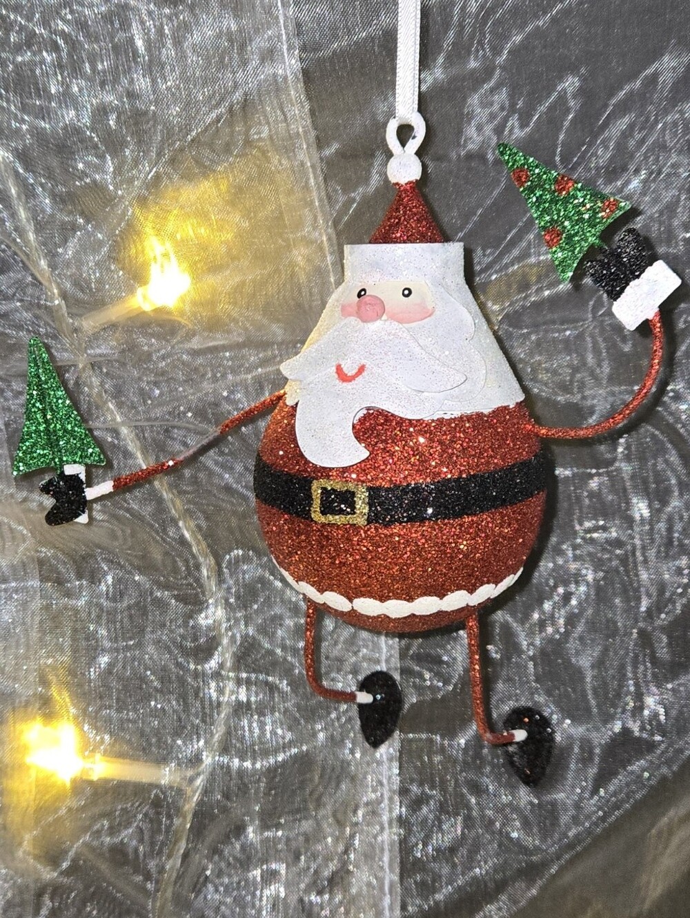 Glitter Santa Tree-Holding Hanging Ornament in Red and Green Metal Posable *read